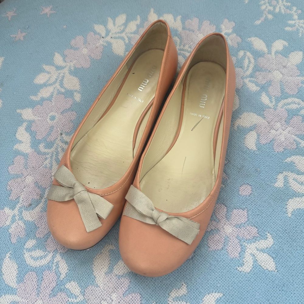 *Miu Miu* 37.5 Blush Peach-Pink Ballet Flats Leather Loafers - Picture 2 of 12